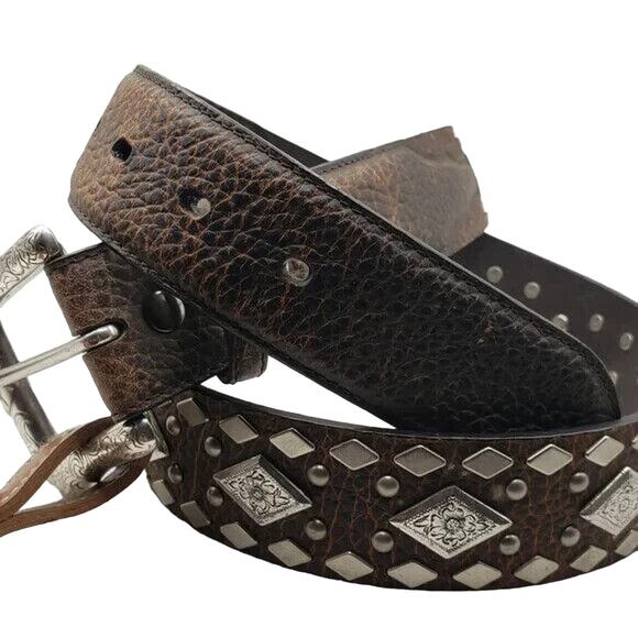 Ariat Dark Brown Leather Belt 38/95 Diamond Silver Tone Stud Tooled Buckle - Picture 2 of 13